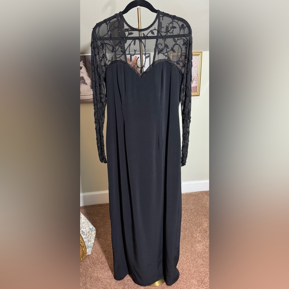 Vintage EUC Oleg Cassini Black Long Sleeve Semi Sheer Beaded Dress Low Cut Back - Picture 5 of 13